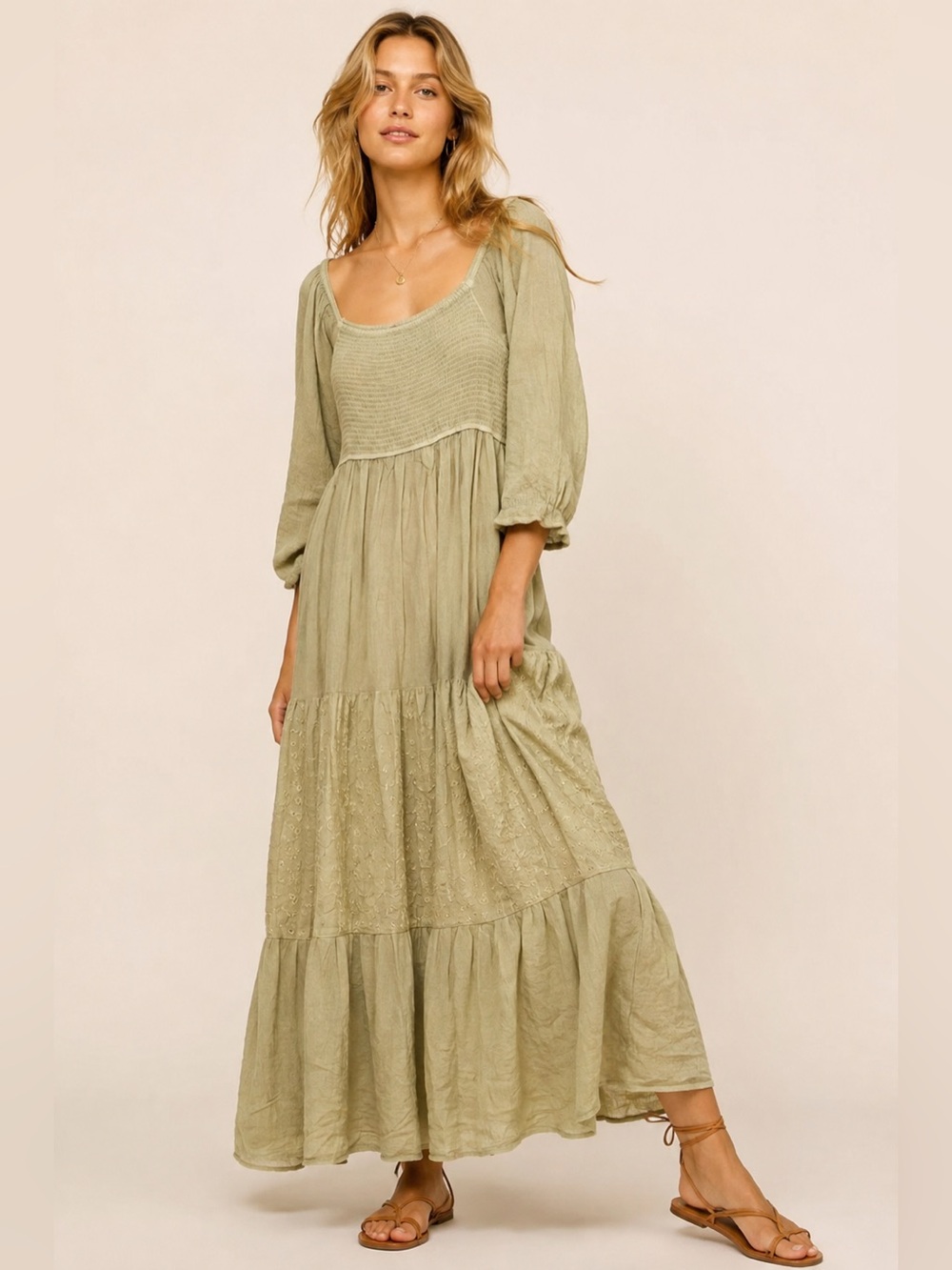 Young Thread Light Sage Green Boho Gauze Eyelet Maxi Dress – Size L - NWT
